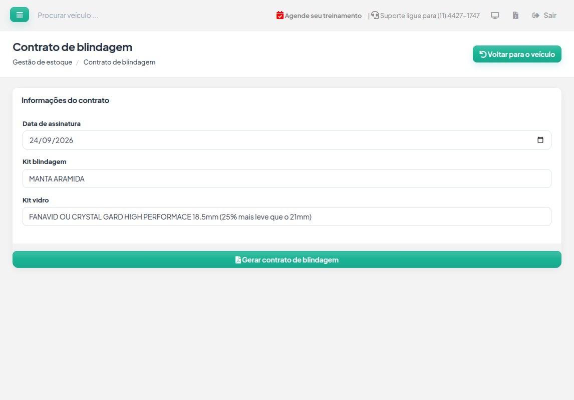 Tela Contrato de blindagem com a data de assinatura, o kit blindagem e o kit vidro preenchidos e o botão Gerar contrato de blindagem.