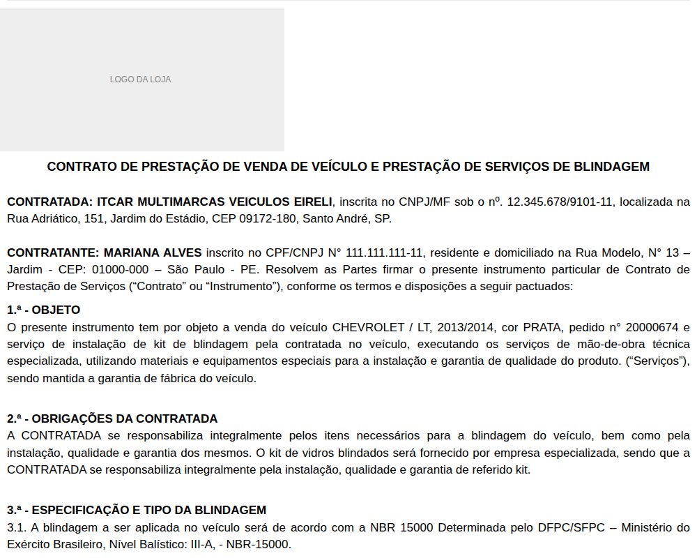 Início do contrato de prestação de venda de veículo e prestação de serviços de blindagem, com contratada, contratante, objeto e especificação da blindagem.