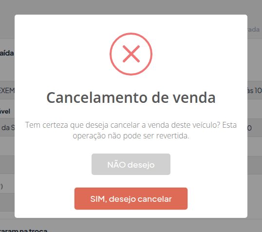 Janela de confirmação Cancelamento de venda com os botões NÃO desejo e SIM, desejo cancelar.
