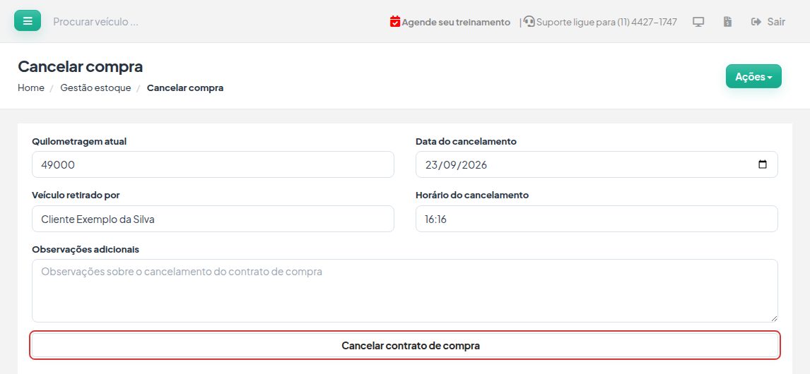 Tela Cancelar compra com quilometragem, quem retirou o veículo, data, horário, observações e o botão Cancelar contrato de compra destacado.