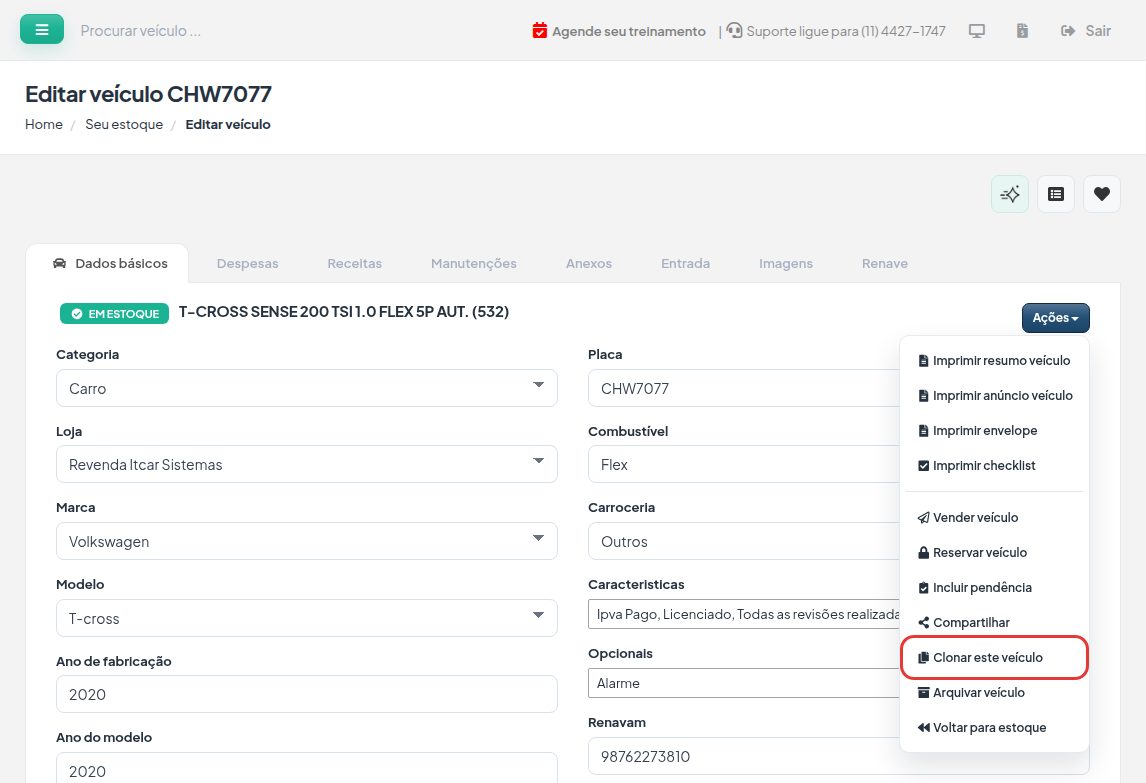 Ficha do veículo com o menu Ações aberto e a opção Clonar este veículo destacada.