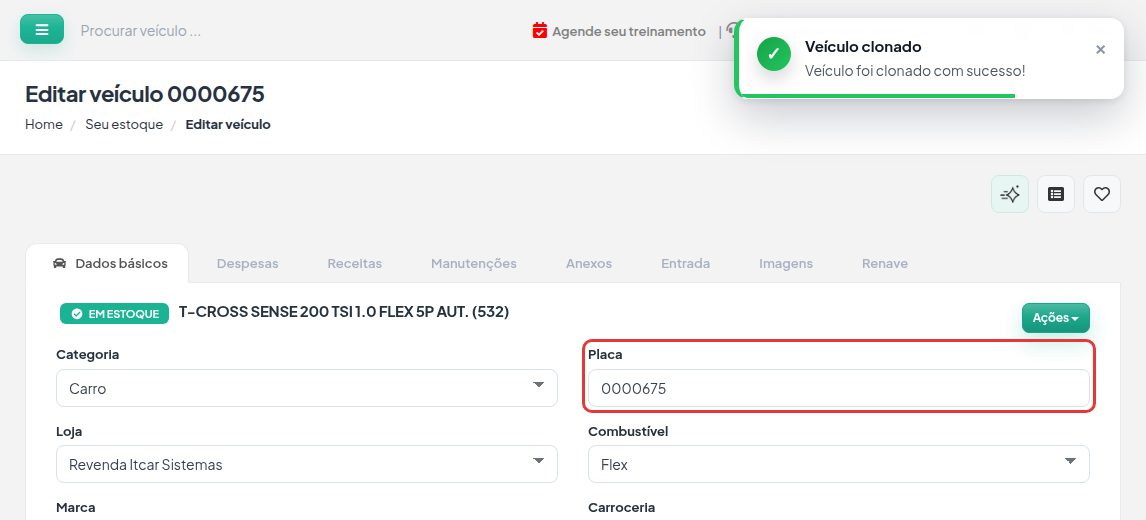 Ficha do veículo clonado com a mensagem Veículo clonado e a placa provisória 0000675 destacada.