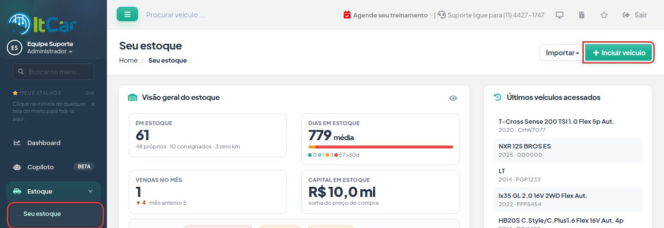 Menu Estoque > Seu estoque e, no canto superior direito, os botões Importar e Incluir veículo.
