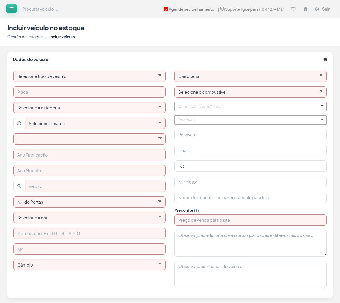 Tela Incluir veículo no estoque: caixa Dados do veículo, com os campos obrigatórios destacados em vermelho.