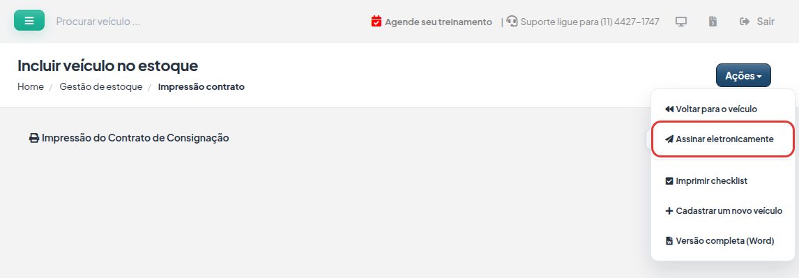 Tela Impressão do Contrato de Consignação com o menu Ações aberto e a opção Assinar eletronicamente destacada.