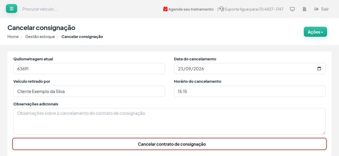 Tela Cancelar consignação com quilometragem, quem retirou o veículo, data, horário e o botão Cancelar contrato de consignação destacado.