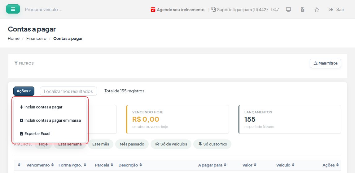 Tela Contas a pagar com o menu Ações aberto: Incluir contas a pagar, Incluir contas a pagar em massa e Exportar Excel.