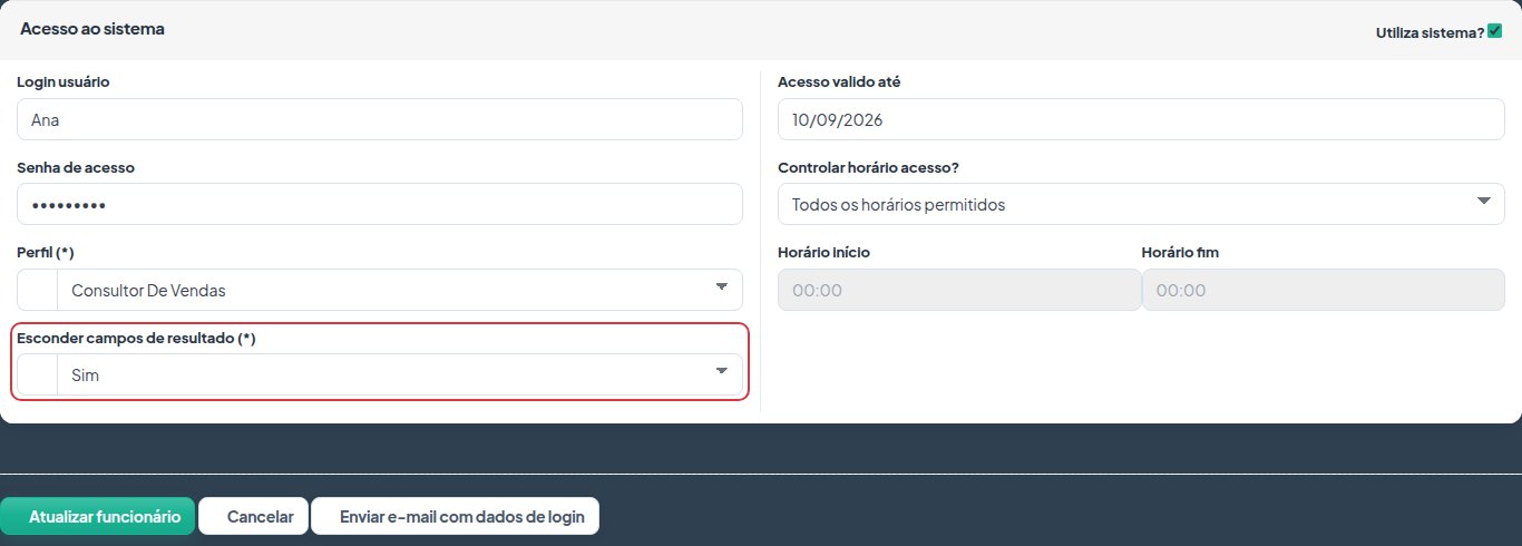 Cadastro do funcionário, bloco Acesso ao sistema, com Esconder campos de resultado marcado como Sim.