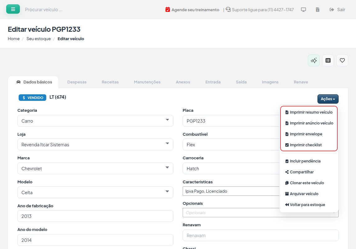 Ficha do veículo com o menu Ações aberto e as opções Imprimir resumo veículo, Imprimir anúncio veículo, Imprimir envelope e Imprimir checklist destacadas.