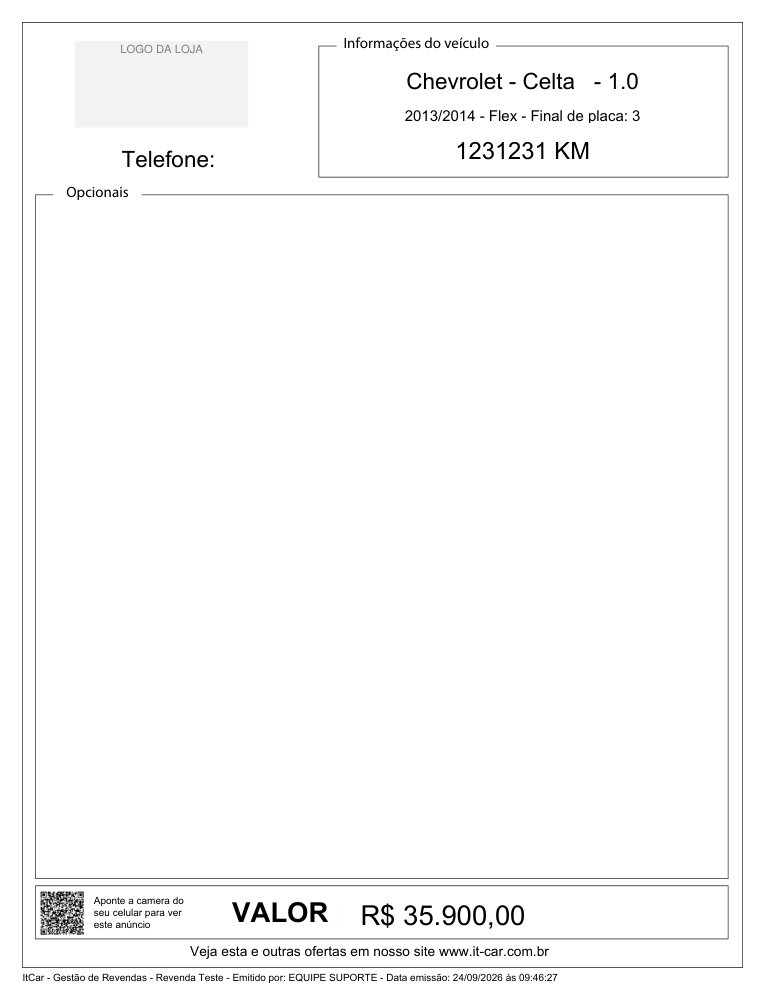 PDF do anúncio do veículo com Informações do veículo, quadro de Opcionais, o QR code e o valor em destaque.
