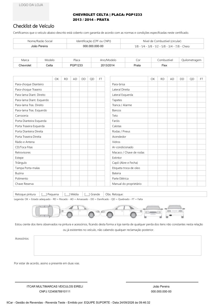 PDF do Checklist de Veículo com os dados do cliente e do veículo preenchidos, a grade de itens com as colunas OK, RD, AD, DD, QD e FT e os campos de assinatura.