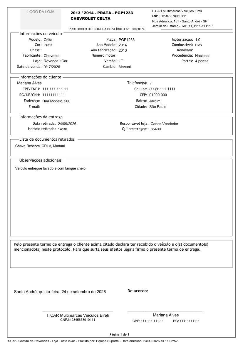 Protocolo de entrega do veículo com os dados do veículo e do cliente, as informações da entrega, a lista de documentos retirados, as observações e os campos de assinatura.