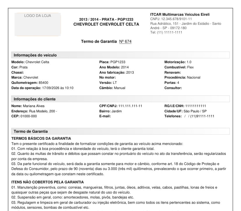 Termo de Garantia com as informações do veículo, do cliente e o início dos termos básicos da garantia.