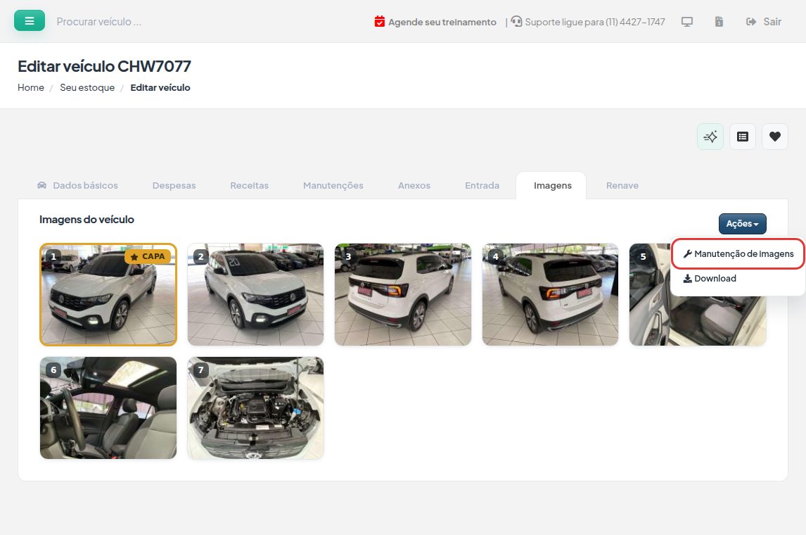Aba Imagens da ficha do veículo com as fotos numeradas, o selo Capa na primeira e o menu Ações aberto na opção Manutenção de imagens.