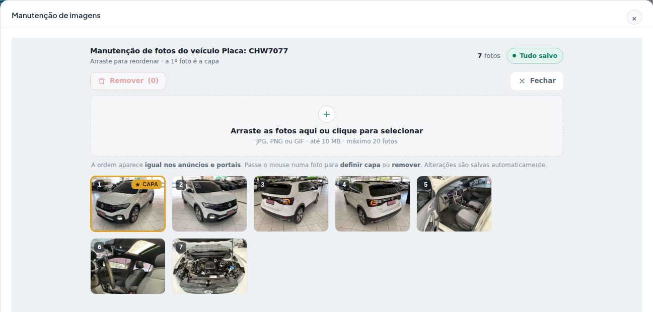 Tela Manutenção de imagens com o quadro para arrastar as fotos, o contador de fotos, o indicador Tudo salvo e as fotos numeradas com a capa na primeira.