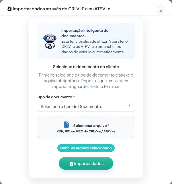 Janela Importar dados através do CRLV-E e ou ATPV-e com o tipo de documento, o campo para selecionar o arquivo e o botão Importar dados.