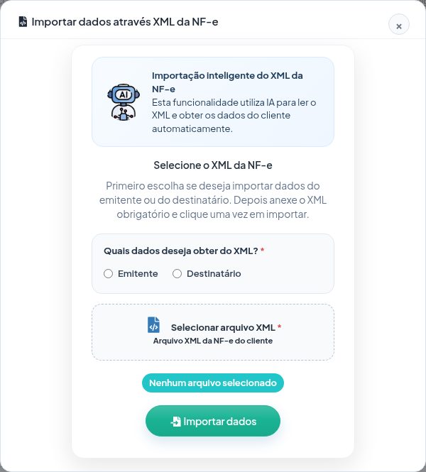 Janela Importar dados através XML da NF-e com a escolha entre Emitente e Destinatário, o campo para selecionar o arquivo XML e o botão Importar dados.