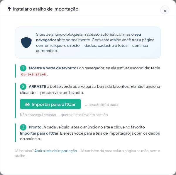 Janela Instalar o atalho de importação com os três passos e o botão verde Importar para o ItCar, que deve ser arrastado para a barra de favoritos.