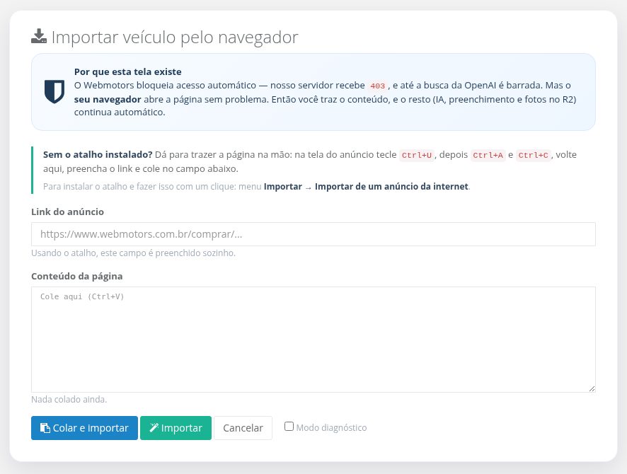 Tela Importar veículo pelo navegador com os campos Link do anúncio e Conteúdo da página e os botões Colar e importar e Importar.