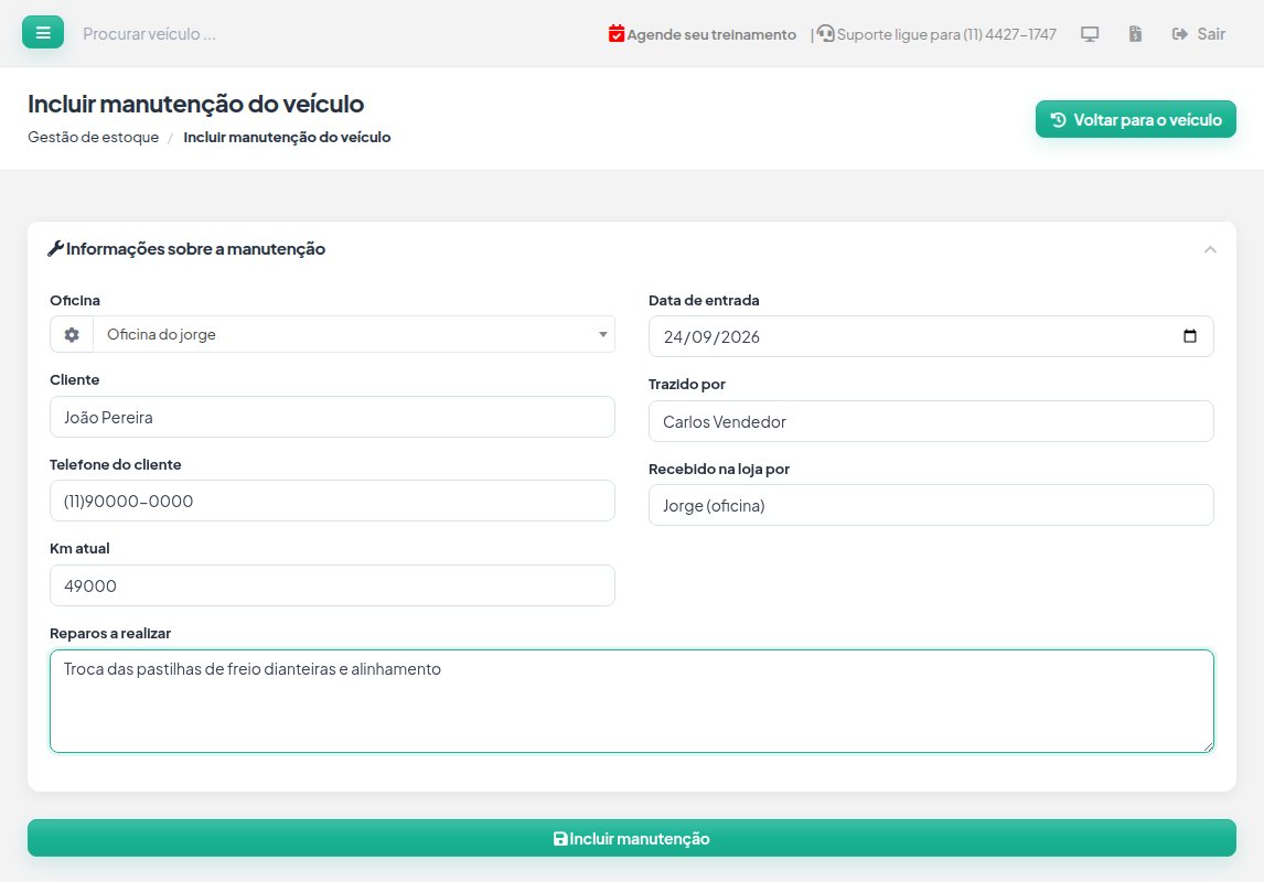 Tela Incluir manutenção do veículo preenchida: oficina, cliente, telefone, km, data de entrada, trazido por, recebido na loja por e reparos a realizar.