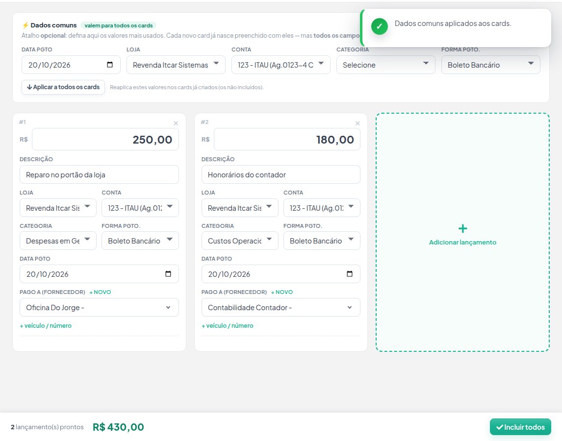 Tela Contas a pagar em massa com os dados comuns aplicados e dois quadros preenchidos, e a barra com 2 lançamentos prontos e o botão Incluir todos.