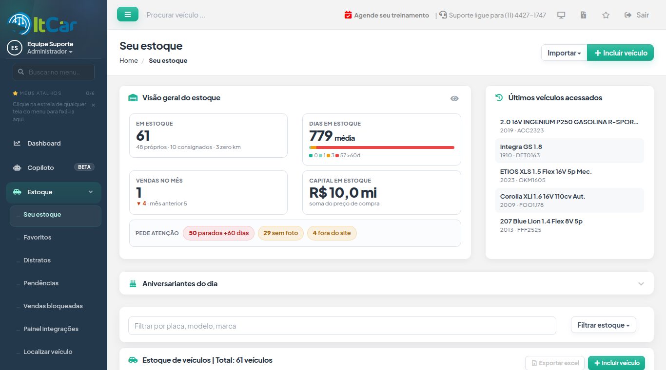 Painel do ItCar: menu lateral à esquerda, barra do topo com a busca de veículos e, à direita, os botões Importar e Incluir veículo da tela Seu estoque.