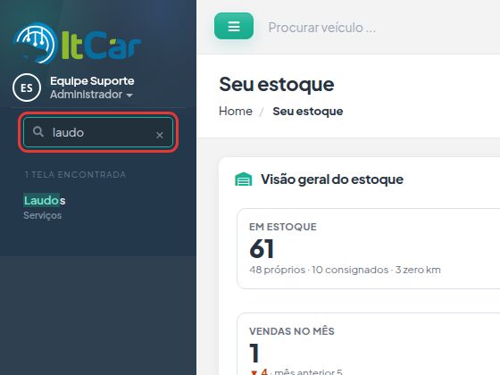 Campo Buscar no menu com a palavra laudo digitada e o resultado Laudos, no grupo Serviços.