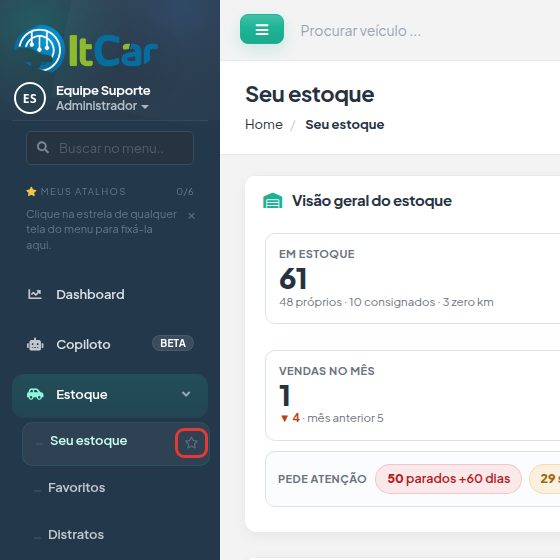 Menu lateral com o mouse sobre Seu estoque e a estrela para fixar a tela em Meus atalhos destacada.