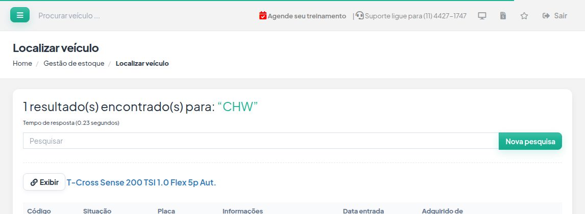 Tela Localizar veículo com o resultado da pesquisa CHW e o botão Exibir.