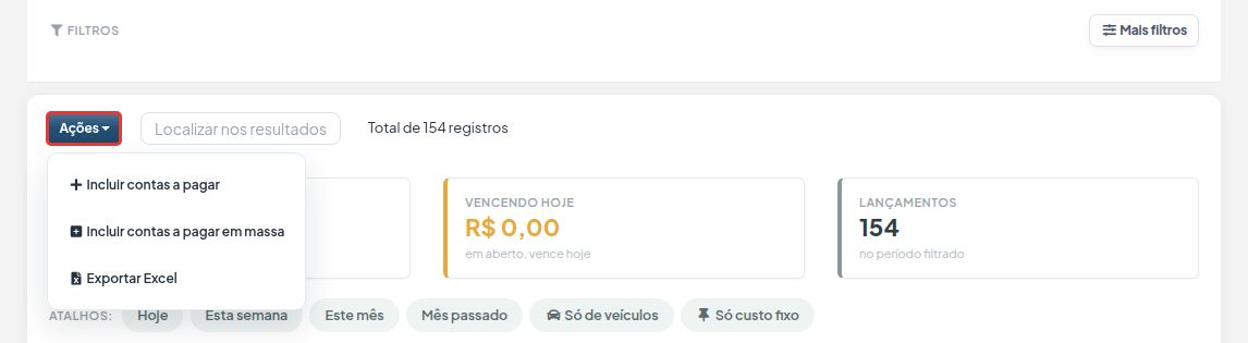 Tela Contas a pagar com o botão Ações aberto: Incluir contas a pagar, Incluir contas a pagar em massa e Exportar Excel.