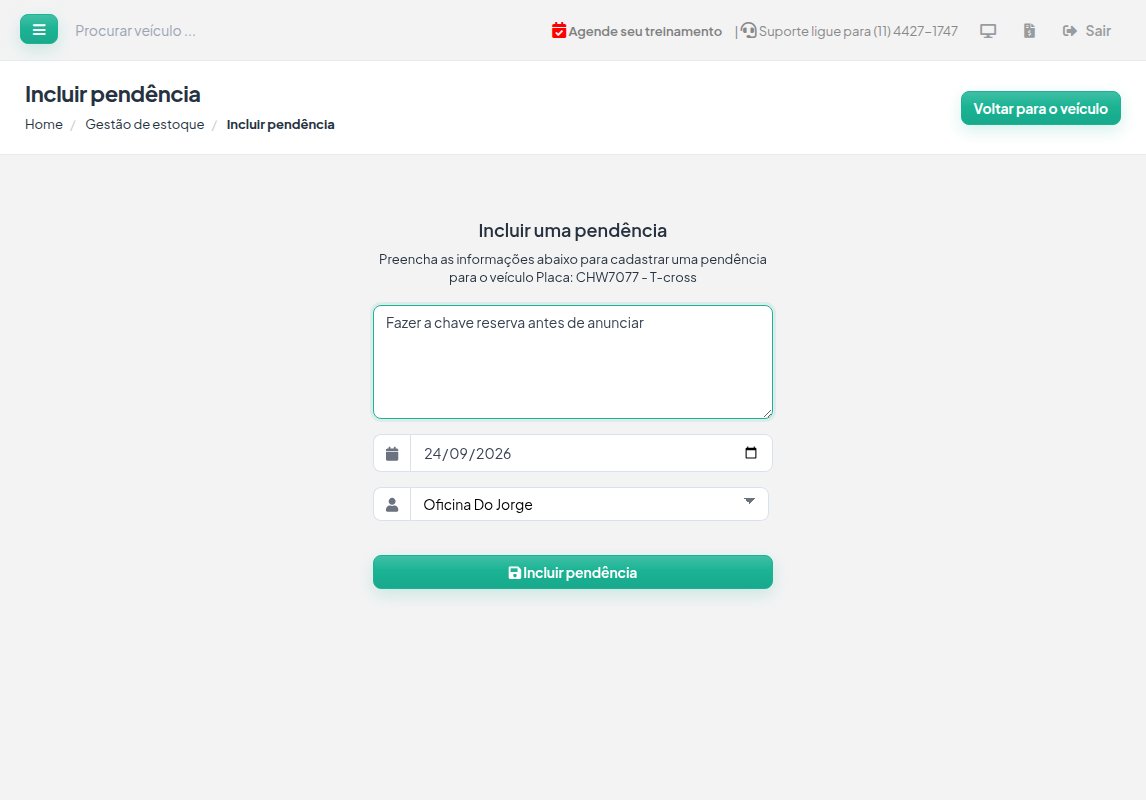 Tela Incluir pendência com a descrição Fazer a chave reserva antes de anunciar, a data e o fornecedor Oficina Do Jorge.