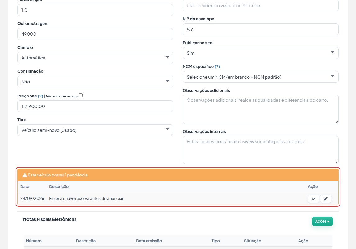 Quadro amarelo Este veículo possuí 1 pendência na ficha, com a data, a descrição e os botões de resolver e editar.