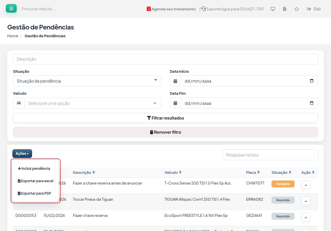 Tela Gestão de Pendências com os filtros, a lista de pendências e o menu Ações aberto com Incluir pendência, Exportar para excel e Exportar para PDF.