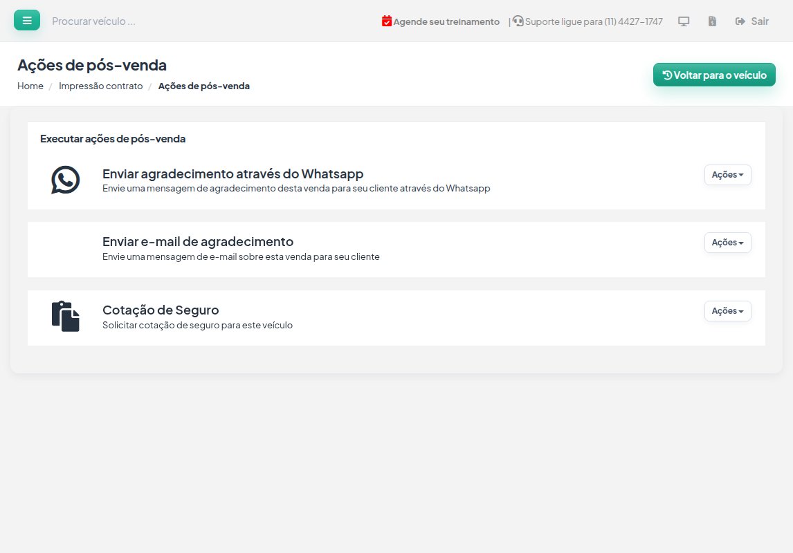 Tela Ações de pós-venda com os quadros Enviar agradecimento através do Whatsapp, Enviar e-mail de agradecimento e Cotação de Seguro.