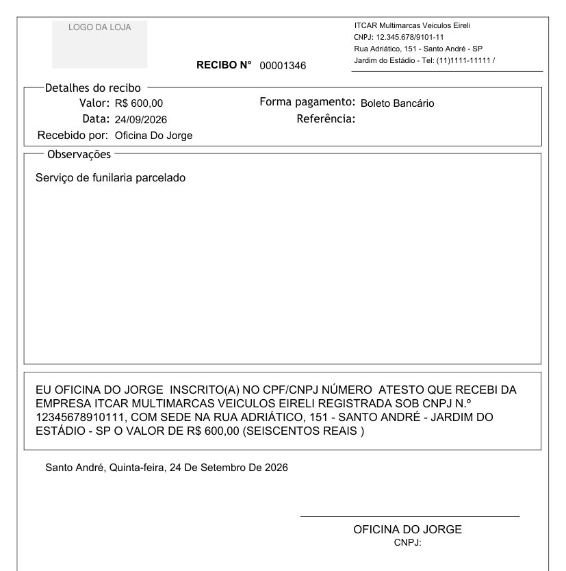 Recibo de um pagamento de 600,00 à Oficina do Jorge, com os detalhes do recibo, a observação e o texto de quitação por extenso.
