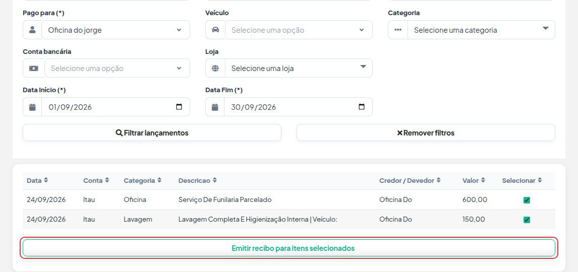 Tela Emissão de recibo com o fornecedor escolhido, o período, dois pagamentos marcados e o botão Emitir recibo para itens selecionados.