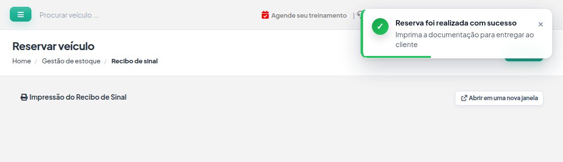 Tela Impressão do Recibo de Sinal com a mensagem Reserva foi realizada com sucesso.