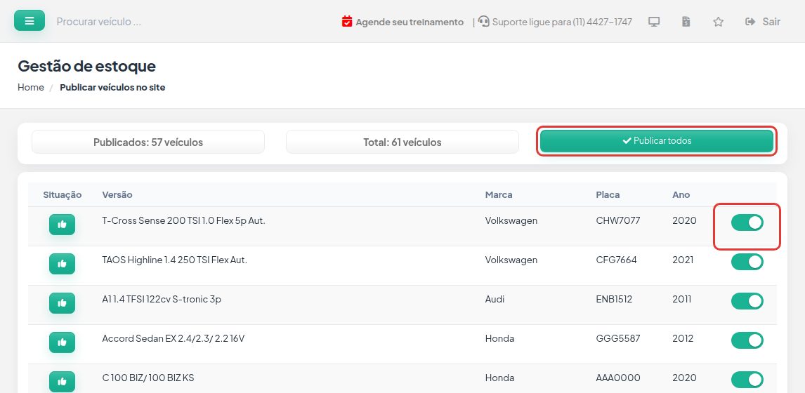 Tela Publicar veículos no site com os contadores Publicados e Total, o botão Publicar todos e a chave de publicação de um veículo destacados.