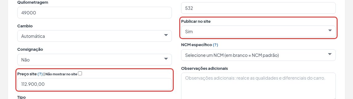 Ficha do veículo, aba Dados básicos, com os campos Publicar no site e Preço site, com a opção Não mostrar no site, destacados.