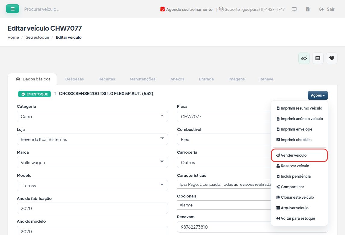 Ficha do veículo, aba Dados básicos, com o menu Ações aberto e a opção Vender veículo destacada.