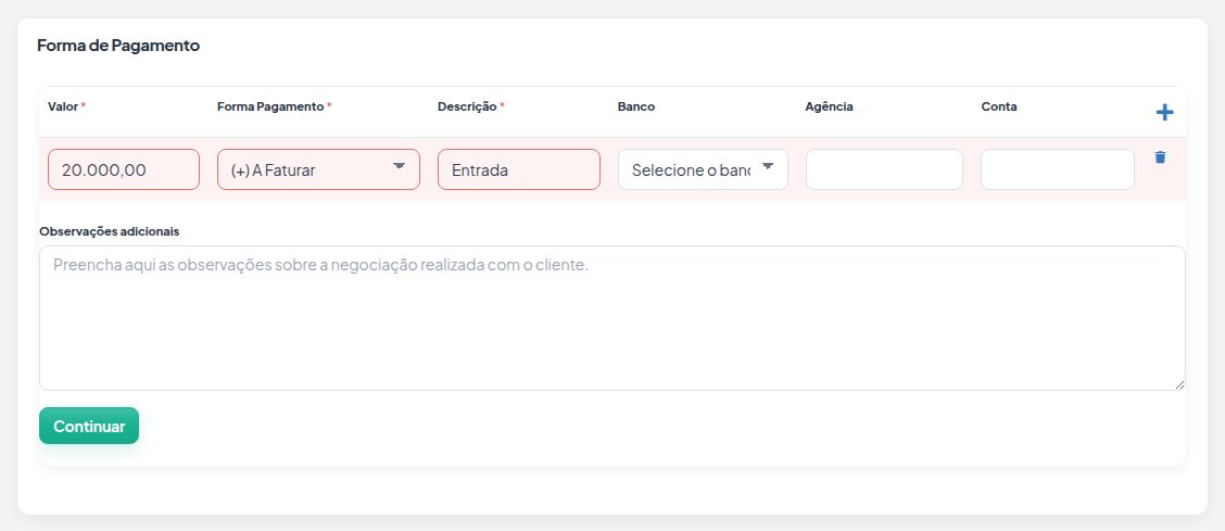 Caixa Forma de Pagamento da venda com uma linha preenchida (valor, forma de pagamento e descrição), o botão + para acrescentar linhas e o botão Continuar.